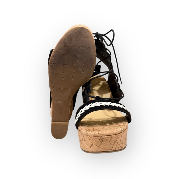 Marc Fisher Womens Hosana Wedge Sandals Black Suede Cork Platform Gladiator Sz 8 - Picture 6 of 8